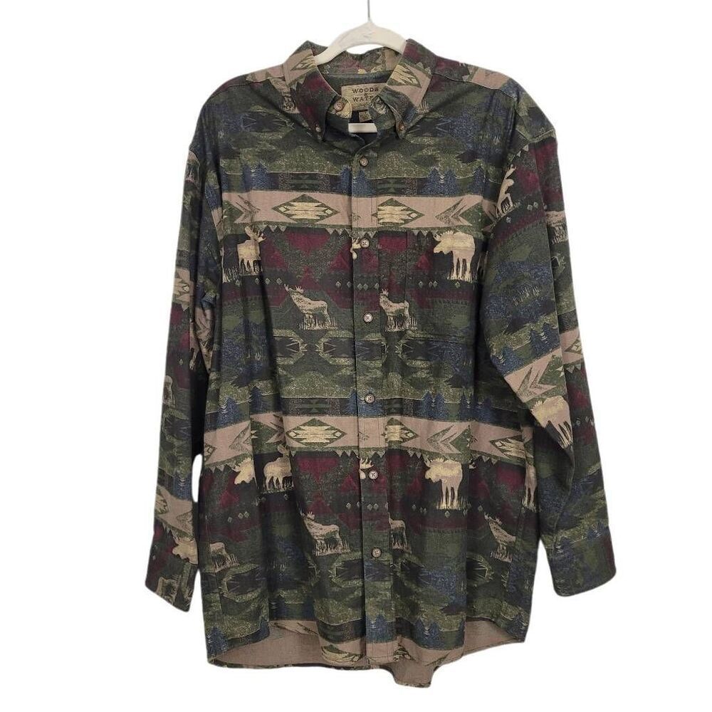 Woods & Water Moose Print Camouflage Button Up‎ Shirt Sz L Hunting Outdoors Camo